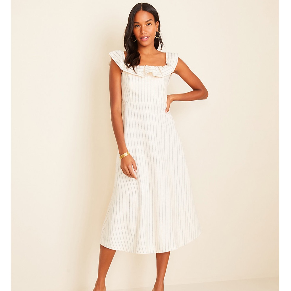 Good Used Condition. Ann Taylor Pinstripe Ruffle Flare Dress - Size 12